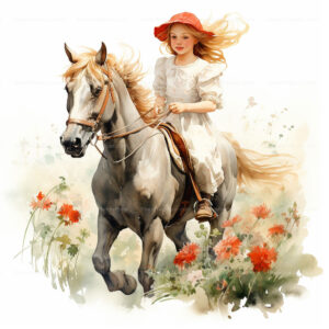 طباعة فنون جميلة لفتاة صغيرة على حصان بالألوان المائية (1)