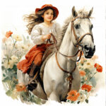 طباعة فنون جميلة لفتاة صغيرة على حصان بالألوان المائية (2)