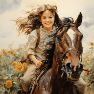 فتاة صغيرة على حصان طباعة الفنون الجميلة بالألوان المائية (3)