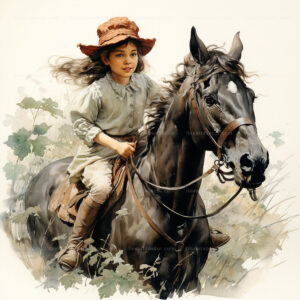 طباعة فنون جميلة لفتاة صغيرة على حصان بالألوان المائية (4)