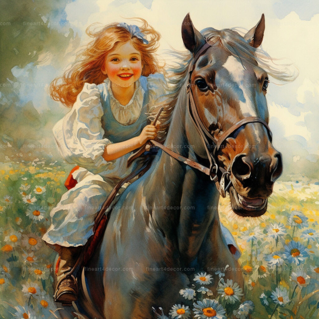 Little Girl on a Horse Watercolour Fine Art Print 5