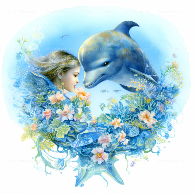 Маленькая девочка с дельфином. Акварельное искусство.